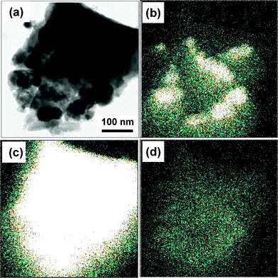 (a) TEM image of ATO/TiO2/CdSe (CdSe: 1 wt%) sample. EDX mapping images were obtained for the same area by monitoring the concentrations of (b) Sn, (c) Ti, and (d) Cd, respectively.