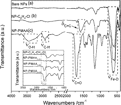 FT-IR spectra of (a) bare iron oxide NPs; (b) NP–C6H4–CH2–Cl; (c) NP-PMAAt=12h. Inset shows the spectra obtained on NP-PMAA samples after various polymerization times.