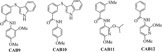 Structures of compounds CAB9-12. Reagents and conditions: i) Ag2CO3 (2 equiv), R2I (1.2 equiv), hexane, MW: 150 °C, 200 W, 10 min, 89–93%; ii) NaOMe (1.05 equiv), MeOH, reflux, 2 h, 80–85%; iii) NaOMe (2.5 equiv), MeOH, reflux, 2 h, 90%; iv) H2, Pd/C, EtOH, 25 psi, r.t., 2 h, 75–82%.