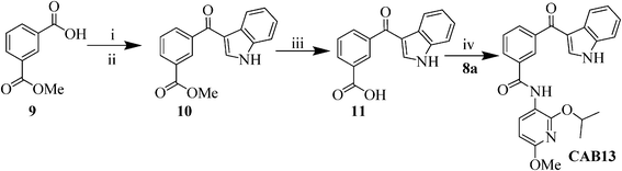 Synthesis of 3-(1H-indole-3-carbonyl)-N-(2-isopropoxy-6-methoxypyridin-3-yl)benzamide (CAB13). Reagents and conditions: i) SOCl2, reflux, 1 h, 80%; ii) indole, Et2AlCl (0.38 mL, 1.8 M, 0.7 mmol), toluene, 0 °C, 2 h, 50%; iii) NaOH (2M), reflux, 4 h, 85%; iv) HOAt (1.3 equiv), EDC.HCl (1.3 equiv), 4-methyl morpholine (1.3 equiv), DCM, MW: 80 °C, 80 W, 20 min, 51%.