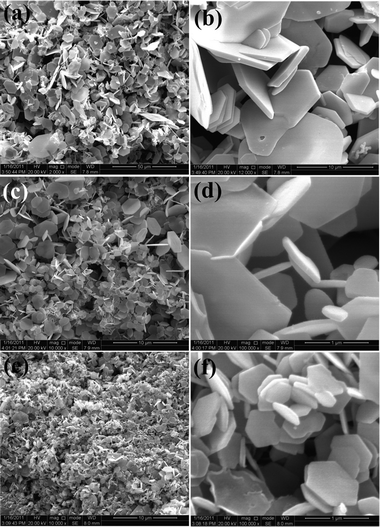 SEM images of Sb2Te3 crystals formed using various amounts of glucose: (a, b) 0 g; (c, d) 0.3 g; (e, f) 0.9 g.