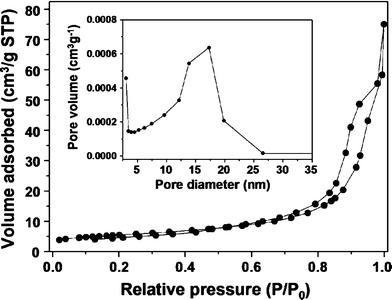 Nitrogen adsorption–desorption isotherms and the corresponding pore size distributions for calcined powders (inset).