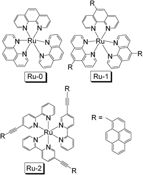 Molecular structures of pyrene-containing complexes Ru-1 and Ru-2, as well as the model complex Ru-0. These compounds are from ref. 37 and 41.