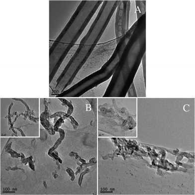 
            TEM images of the purified MWCNTs (A), MWCNTs/PVDF (B) and Ag NPs/MWCNTs/PVDF (C) composites.