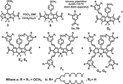 Synthetic route to 2,6-diformyl-BODIPY dyes bearing different numbers of styryl groups.
