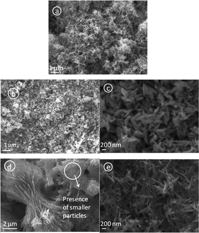 
            SEM micrographs of the bluish precipitates obtained after hydrolyzing Cu(NO3)2 at different pH values. Micrographs correspond to a) pH 7.25, b) pH 8.5, c) pH 10.0, d) pH 11.25 and e) pH 12.0.