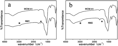 
            FT-IR of modified MCM-41 (a) NM1, (b) NM2.