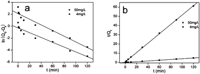 Pseudo first-order and pseudo second-order kinetic plots for the adsorption of Hg2+ on NM2.