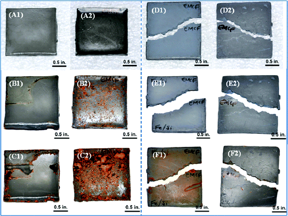 Salt fog exposure tests on the 88 wt% CIP/PU and 88 wt% CIP-silica/PU composites. A, B and C represent the CIP/PU composites under the condition of pre-salt fog exposure, 48 h exposure and one week exposure, respectively. D, E and F stand for the CIP-silica/PU composites tested under the same conditions of pre-salt fog exposure, 48 h and one week exposure, respectively. 1 and 2 stand for the two sides of the sample.