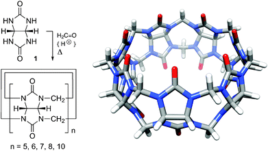 Preparation of CB[n]s from glycoluril (1) and formaldehyde under acidic conditions. Structure of CB[7] from X-ray diffraction (carbon atoms in grey, hydrogens in white, nitrogens in blue and oxygens in red).