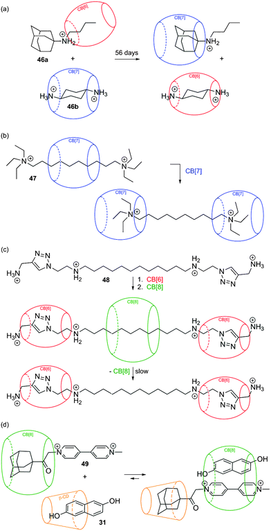 (a) Kinetic vs. thermodynamic self-sorting of CB[6] and CB[7] towards guests 46a and 46b.254 (b) Interaction between acetylcholinesterase inhibitor 47 and CB[7] (1.0 and 2.0 equiv., respectively).256 (c) Self-assembly between axle 48, CB[6] and CB[8].174 (d) Self-organization between adamantyl/MV derivative 49, 2,6-dihydroxynaphthalene (31), CB[8] and β-CD.260