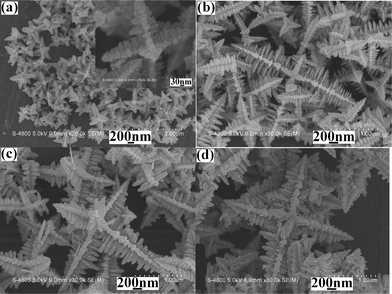 
            SEM images of the products prepared from the same systems at different reaction temperatures for 10 min: (a) 80 °C, (b) 100 °C, (c) 140 °C and (d) 160 °C.