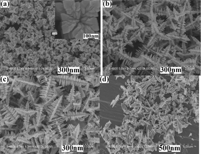 
            SEM images of the products prepared from the systems containing various amounts of CTAB at 120 °C for 10 min: (a) 0.0 g, (b) 0.025 g, (c) 0.10 g and (d) 0.40 g.