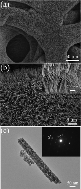 (a), (b) SEM images of the Co3O4 nanowire array after cycling for 4000 cycles; (c) a TEM image of the Co3O4 nanowire after cycling for 4000 cycles (SAED pattern in inset).