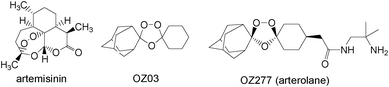 Structures of the natural peroxide artemisinin, the purely synthetic antimalarial drug candidate arterolane, and its precursor OZ03.