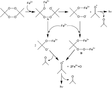 Proposed mechanism for the chemiluminescence of the reaction of tetroxanes with ferrous ions.