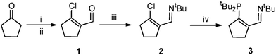Synthesis of alicyclic 3IPtBu (3). Legend: (i) 2 eq. DMF, 1.6 eq. POCl3, 0 °C, 12 h; (ii) ice, NaHCO3; (iii) 1.5 eq. tert-butylamine, Et2O, molecular sieves, 0 °C, 12 h; (iv) 1.0 eq. LiPtBu2, Et2O, 0 °C, 2 h.