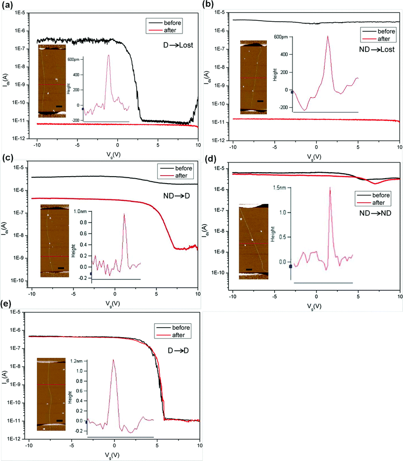 (a to e) Ids-Vg curves (Vds = 0.5 V) showing five different device behaviours before (black) and after (red) EAQ treatment. Insets in each diagram are AFM images of the SWNT in the device channel and surface height plot showing the tube diameter. The scale bars are 500 nm.