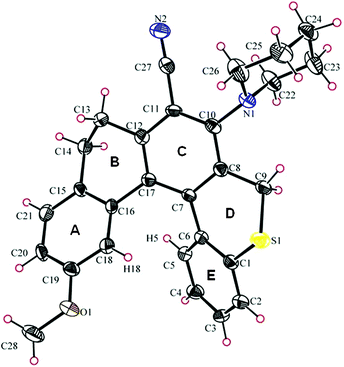 The conformation of the compound with arbitrary numbering is Shown as an ORTEP diagram, illustrating the non-planar, helically distorted conformation of the 9-methoxy-3-(piperidin-1-yl)-5,6-dihydro-2H-thia-dibenzo[c,g] phenanthrene-4-carbonitrile 7a.