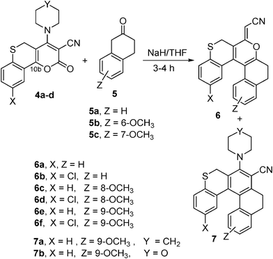 Synthesis of the (Z)-2-(5,6-dihydrobenzo[f]thiochromeno[3,4-c]-3(2H)-ylidene)-acetonitriles 6 and 3-sec.amino-5,6-dihydro-2H-1-thia-dibenzo[c,g]phenanthrene-4-carbonitriles 7