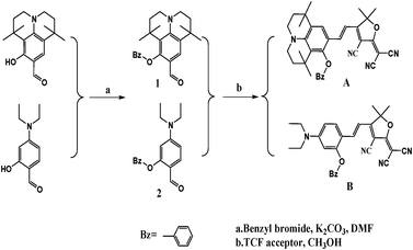 Chemical structures and synthetic scheme for chromophoresA and B.