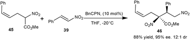 
              BnCPN catalyzed asymmetric Michael addition of nitroacetate (45) to the nitrostyrene (39).