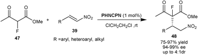 
              PHNCPN catalyzed asymmetric synthesis of non-enolizable ketoesters (48) with fluorinated quaternary stereocenter.