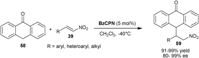
              BzCPN catalyzed asymmetric Michael reaction of anthrone (58) with nitroalkenes (39).