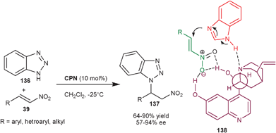 
                CPN catalyzed enantioselective aza-Michael reaction of benzotriazole with nitroalkenes.