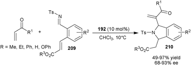 Asymmetric organocatalytic aza-MBH/intramolecular aza-Michael reaction.