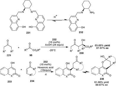 
          In situ generated aromatic OH–primary amine–imine catalyst (231) catalyzed asymmetric aldol and Michael reaction.