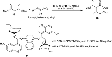 6′–OH Cinchona alkaloids catalyzed Michael addition of malonic ester (38) to nitro-olefins (39).