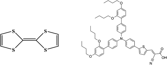 Structures of TTF (left) and the organic dye D35 (right).