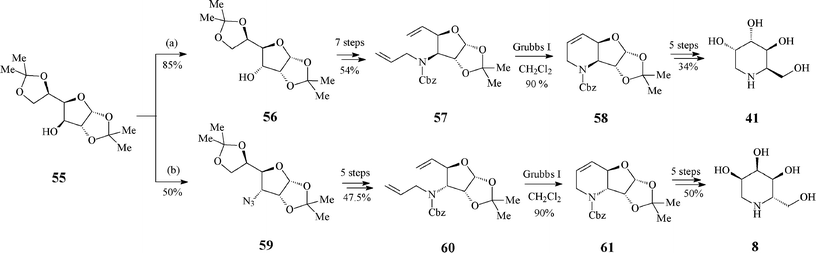Synthesis of 1-deoxyiminosugars 41 and l-8 from protected diacetone glucose.