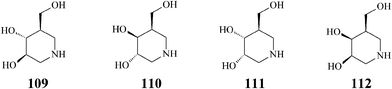 Isofagomine (109) and isomers (110–112).