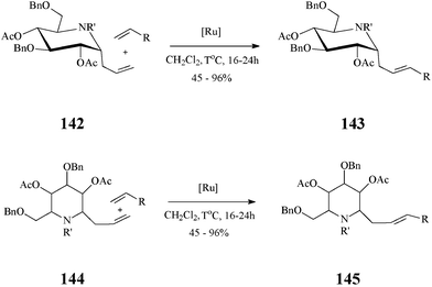 Cross-metathesis route to C-alkylated iminosugars (R = ester, phosphonate, sulphone, aryl or alkyl; 142: R’ = Troc; 144: R’ = CHO).