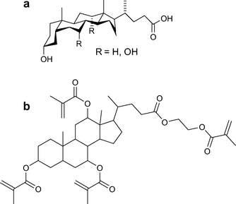 Structure of a) the naturally occurring bile acids and b) a cholic acid derivative bearing four methacrylate groups for use in dental resins.35