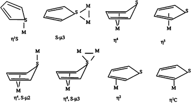 Coordination geometries of thiophene with metal species in organometallic complexes.23
