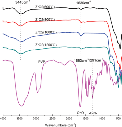 
            FTIR spectra of PVP and ZrO2 fibers calcined at different temperatures.