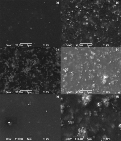 
            SEM micrograph of the x%-TiO2 composite membrane surface (a) 2%-TiO2 (b) 4%-TiO2 (c) 8%-TiO2 (d) 16%-TiO2 (e) 2%-TiO2 (Magnification: 10 000) (f) 2%-TiO2 (Magnification: 12 000).