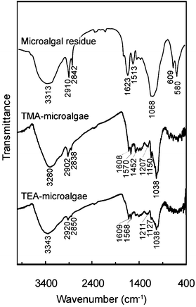 FT/IR spectra of microalgal residue and prepared adsorbents.