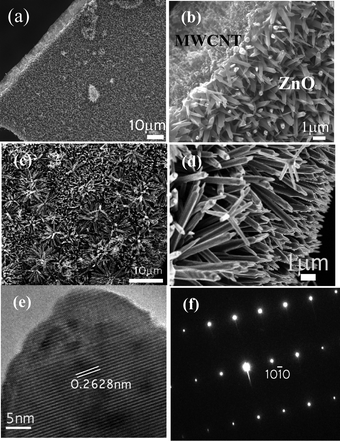 (a) Low and (b) high magnification SEM images of the MWCNT/ZnO nanotips. (c) top and (d) tilted view of ZnO tips. (e) HRTEM image of the tip of the needle. Growth direction as indicated by the arrow is (0002). (f) SAED of the ZnO nanotips.