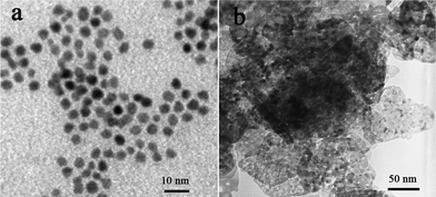 TEM images (a) Pt nanoparticles and (b) Pt/m-NiO nanoflakes.