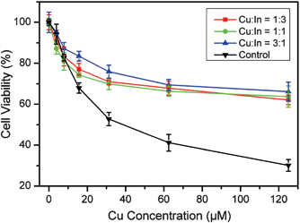 Cytotoxicity analysis of the CuxInyS0.5x+1.5y NCs synthesized with varying molar ratios (1 : 3, 1 : 1 and 3 : 1) of Cu/In precursors. Bulk particles synthesized with no BSA added were used as the control. Experimental results are given as mean ± SD of three independent experiments.