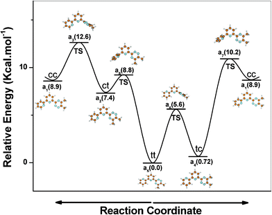 The relative energies of different conformations of Me2(t-bipy) (minima and transition states) varying the angle of rotation around two rings with respect to the most stable ‘tt’ conformation