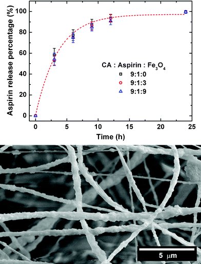 Profiles of aspirin released from the CA/aspirin/Fe3O4 nanofibres in artificial intestinal juice buffer, and a corresponding SEM micrograph of the nanofibres after 24 h.