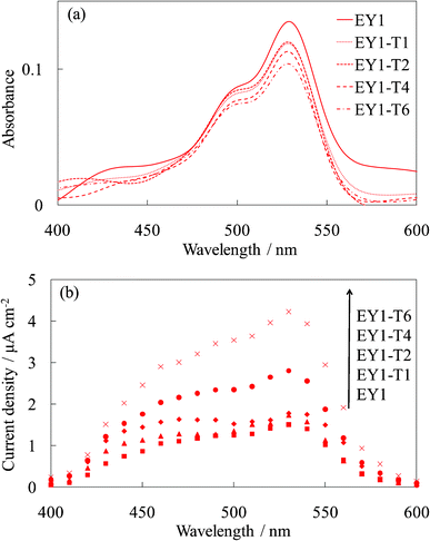 Visible (a) absorption and (b) photocurrent spectra of the untreated EY-titania electrodes, WE-EY1 and WE-EY1-Tn (n = 1, 2, 4, and 6).