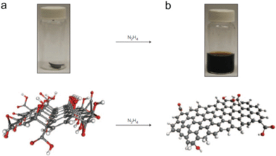 Chemically converted RGO suspensions. Photographs of (a) 15 mg of GO paper in a glass vial and (b) the resultant hydrazinium RGO dispersion after addition of hydrazine. Below each vial is a three-dimensional computer-generated molecular model of GO (carbon in grey, oxygen in red and hydrogen in white) and chemically converted RGO, respectively, suggesting that removal of –OH and –COOH functionalities upon reduction restores a planar structure. Reprinted with permission from Macmillan Publishers Ltd: [Nature Nanotechnology] (ref. 76), copyright (2009).