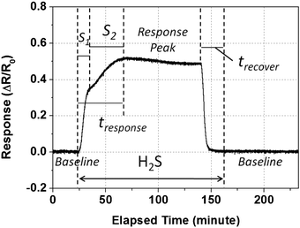 A full test cycle of the CuO nanowire sensor responding to H2S exposure (200 ppb) at a working temperature of 180 °C.