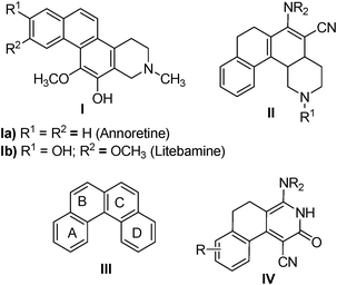 Structures of annoretine2 (Ia) and litabamine3 (Ib), designed naphthalene fused isoquinoline (II), benzo[c]phenanthrene (III) and dihydrobenzo[f]isoquinoline (IV).